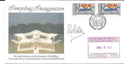 South Africa 1986 Delville Wood Museum Inauguration cover signed PW Botha with presidents cachet